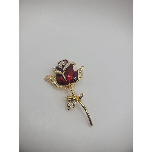 Vintage Brooch Pin Rose Flower Gold Tone Crystals Jewelry Costume - Picture 2 of 15